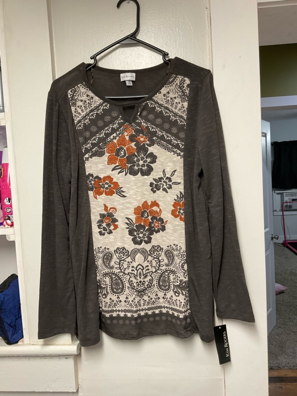 Kim Rogers Charcoal Gray Long Sleeve Floral Panel Top with Orange Accents